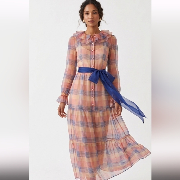 Vintage Dresses & Skirts - Vintage Lee Jordan New York sheer chiffon long sleeve belted maxi dress sz S